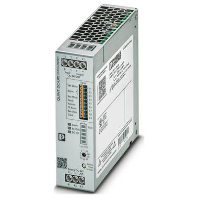 Stromversorgungsgerät mit Etikett, das das Modell „QUINT DC-UPS" anzeigt. Verfügt über Stromeingang, Ausgangsklemmen und mehrere Statusanzeigen.