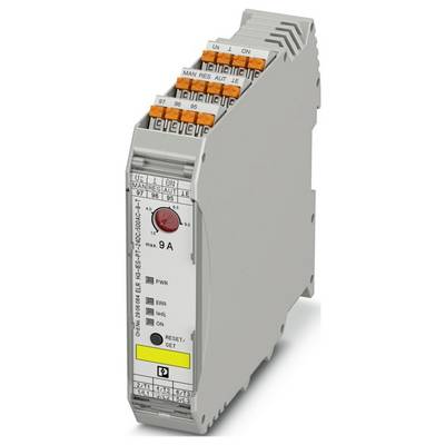 Ein Elektrisches Relaismodul mit beschrifteten Anschlüssen für Verbindungen. Ein roter Reset-Knopf und Kontrollleuchten zeigen Stromversorgung, Fehler und Status an.