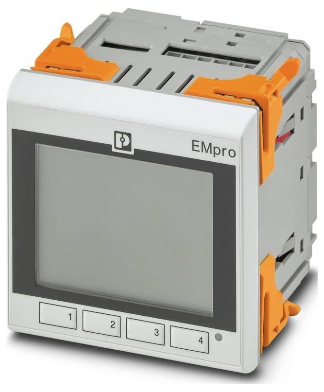 Ein digitales Leistungsmessgerät mit Anzeigebildschirm, gekennzeichnet mit „EMpro", mit vier nummerierten Tasten und orangefarbenen Verriegelungsclips an den Seiten.