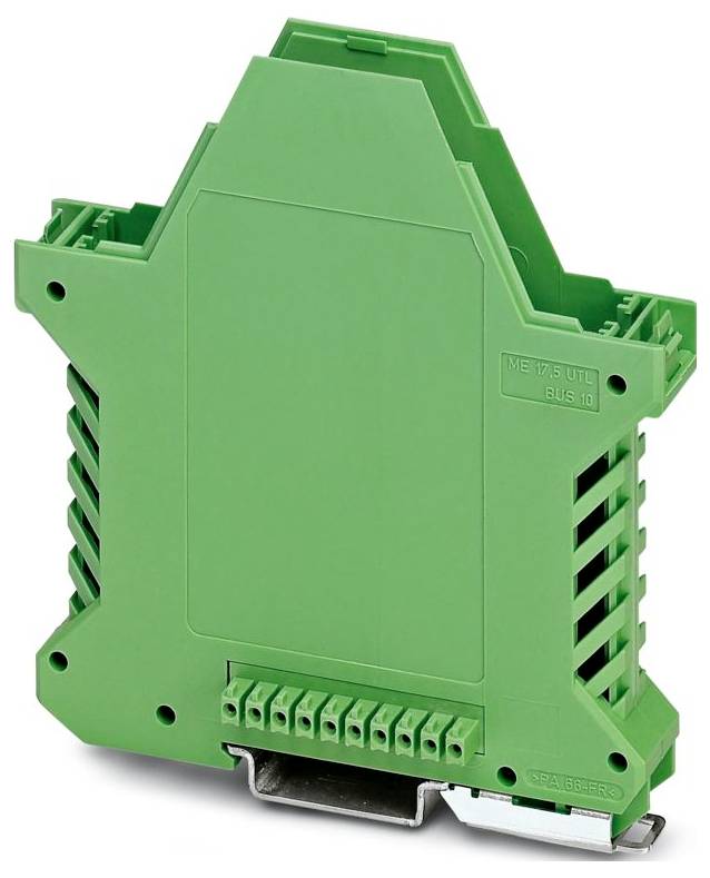 Ein grünes elektronisches Modul mit mehreren Anschlussanschlüssen für industrielle Automatisierung oder Steuerungssysteme, montiert auf einer Metallschiene.