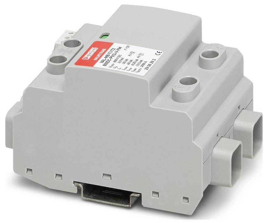 Ein graues Elektrogerät zur Stromverteilung und zum Schutz mit zwei Anschlussschlitzen und einem Konformitätsetikett oben.