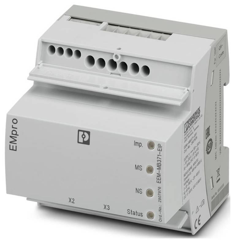 "EMpro" Elektrogerät mit mehreren Eingängsanschlüssen und Statusanzeigen, verwendet für Energiemanaagement. Weiß mit Produktspezifikationen.