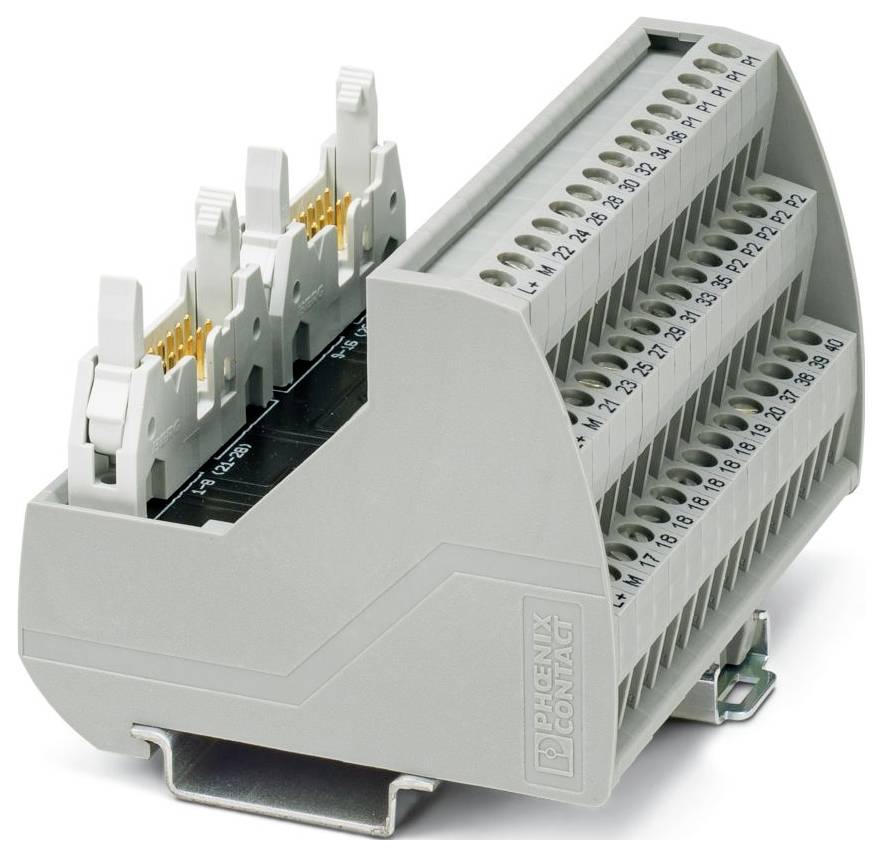 Ein graues Phoenix Contact Klemmenbrett mit mehreren Verdrahtungssteckplätzen und Schrauben für elektrische Verbindungen, mit beschrifteten Steckplätzen nummeriert 1-24.