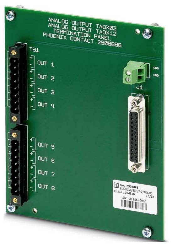 Analoges Ausgabeterminierungspanel mit mehreren Ausgabeanschlüssen und einem Phoenix Contact-Stecker, gekennzeichnet als TB1 mit OUT1 bis OUT3.