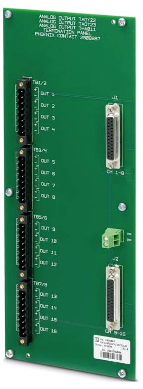 Grüne Platine mit der Bezeichnung „Analog Output Panel", mit Steckverbindungen für TBL1/2, TBL3/4, TBL7/8 und Kontaktinformationen.