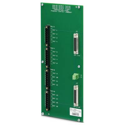 Grüne Platine mit der Bezeichnung „Analog Output Panel", mit Steckverbindungen für TBL1/2, TBL3/4, TBL7/8 und Kontaktinformationen.