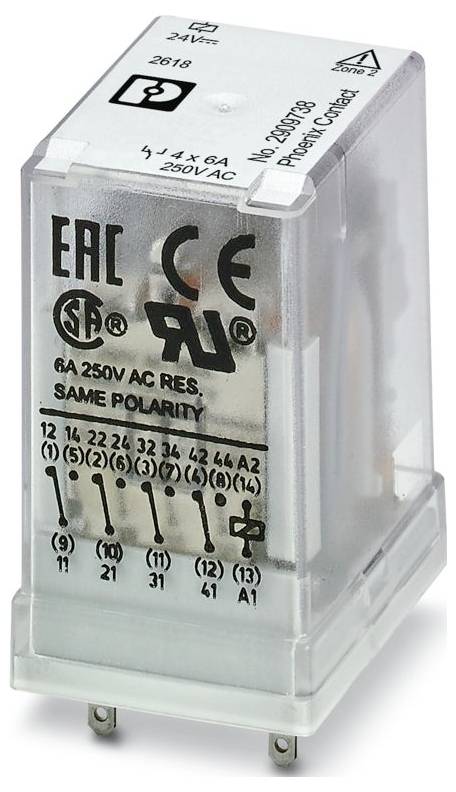 Ein transparales elektrisches Relais mit verschiedenen sichtbaren Zertifizierungssymbolen. Es unterstützt 6A bei 250V AC und ist für gleiche Polarität gekennzeichnet.