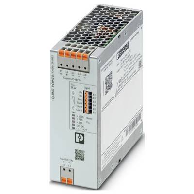 Eine rechteckige Stromversorgungseinheit für den industriellen Einsatz mit der Bezeichnung „QUINT POWER". Verfügt über mehrere Anschlüsse sowie angezeigte Spannungs- und Signaleinstellungen an der Seite.