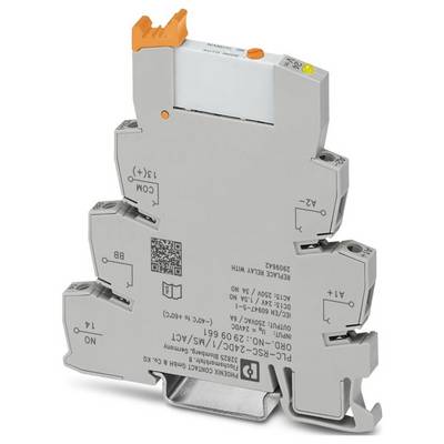 Relaismodul mit schlankem, kompaktem Design, gekennzeichnet mit technischen Spezifikationen; beinhaltet Anschlüsse für 'COM', '11', '14' und Steuertasten.