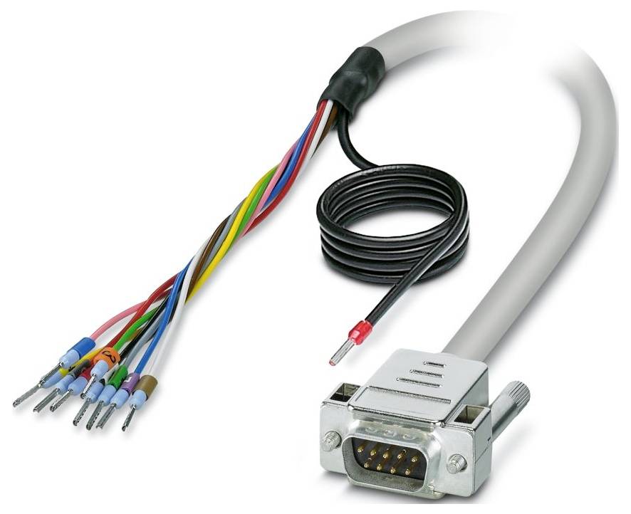 Ein Kabel mit einem DB9-Stecker auf einer Seite und mehrfarbig gekennzeichneten Drähten auf der anderen Seite, das zum Verbinden elektronischer Geräte verwendet wird.