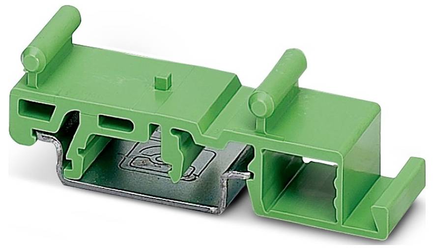 Eine grüne Kunststoff- und Metallhalterung mit zwei zylindrischen Griffen oben, entwickelt zum Verbinden oder Sichern von Komponenten zusammen.