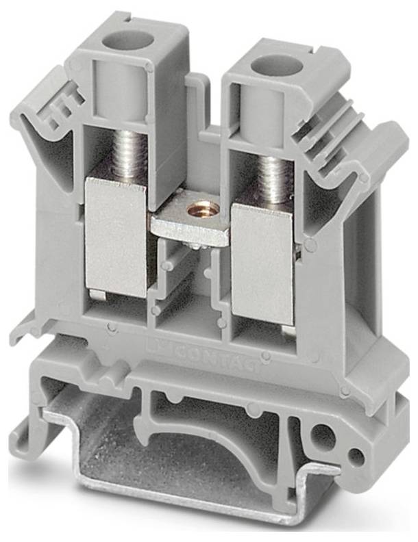 Ein grauer Elektroklemmenblock mit zwei Schraubanschlüssen zum Befestigen von Drähten, mit kompaktem Design und Montagebasis.