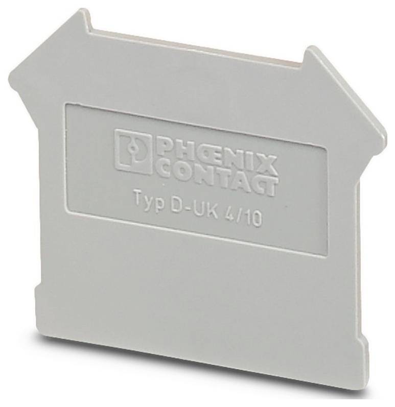 Eine graue Phoenix Contact DIN-Schienenendenkappe, Modell "Typ D-UK 4/10", entwickelt zum Schutz und zur Abdeckung des Endes eines Klemmblocks in elektrischen Anlagen.