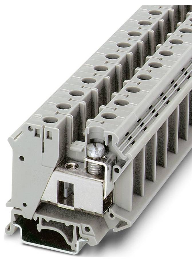 Grauer Elektroklemmenblock mit mehreren Anschllusspunkten, verwendet zum Sichern und Organisieren von Verdrahtung in Elektrpanelen.