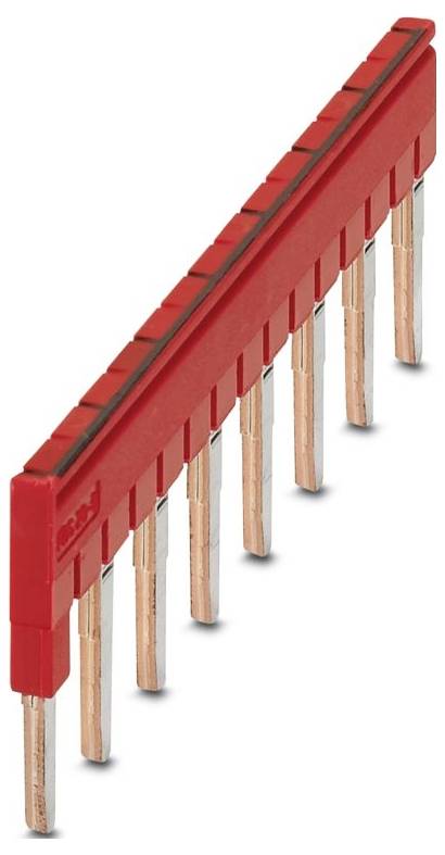 Roter Steckerverbinder in Kammform mit mehreren Metallkontakten, verwendet zum Ausrichten und Verbinden von Komponenten auf einer Leiterplatte.