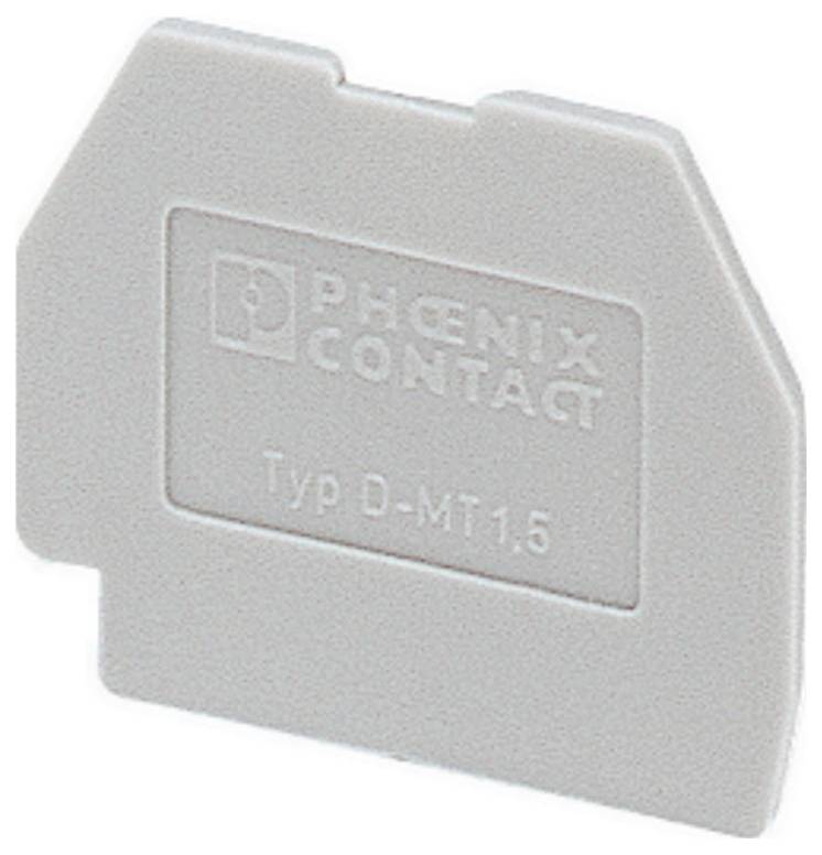 Eine beige Endabdeckung für Klemmleisten mit dem geprägten Logo „PHOENIX CONTACT" und der Aufschrift „Typ D-MT1,5".