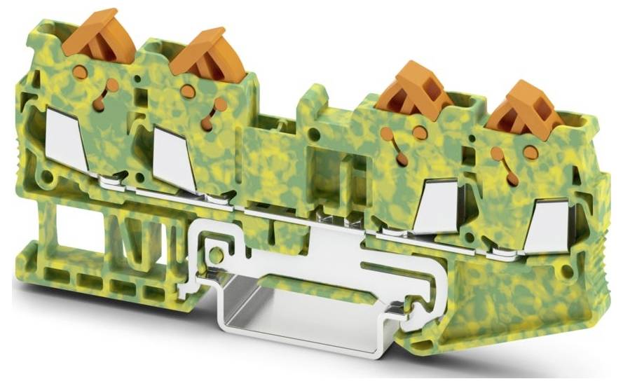 Ein Klemmblock in grünem und gelbem Marmormuster mit orangefarbenen Hebeln, verwendet zum Befestigen und Organisieren von elektrischen Drähten.