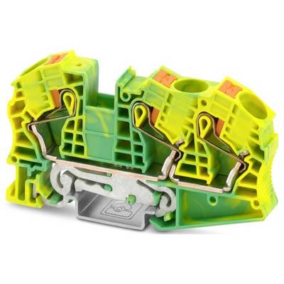 Ein zweipoliger gelb-grüner Klemmblock mit Metallverbindern und Schraubklemmen, der für die Elektroverkabelung und Schaltungsverbindungen verwendet wird.