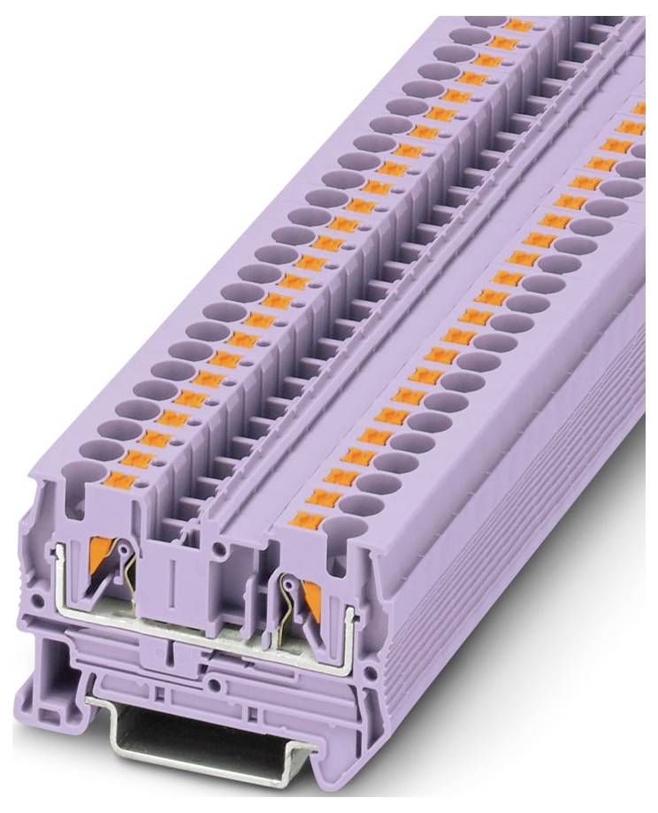 Violettes modulares Klemmleistenblock mit mehreren orangefarbenen Anschlußpunkten, verwendet für elektrische Drahtverbindungen in Industrieumgebungen.