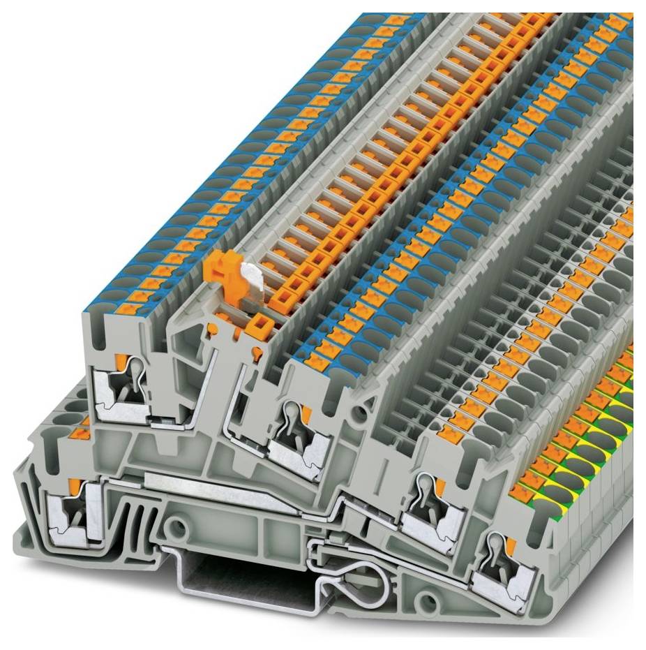 Ein Stapel mehrfarbiger elektrischer Klemmleisten, das verschiedene Schichten von Steckertypen und Verdrahtungskanälen zeigt, die zur Organisierung von Stromkreisen verwendet werden.