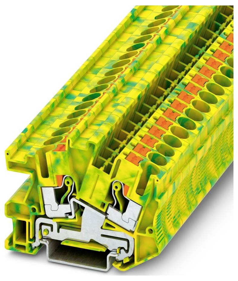 Elektrischer Klemmblock in gelb-grünem Camouflage-Muster mit sichtbaren internen Metallkomponenten, konzipiert für sichere Drahtverbindungen.