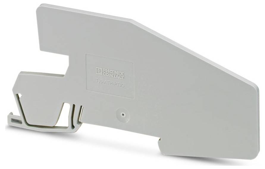 Eine graue Endkappe für Klemmleisten, kantige Form, mit eingeprägtem Text "Phoenix Contact". Geeignet zum Schutz von elektrischen Geräten.