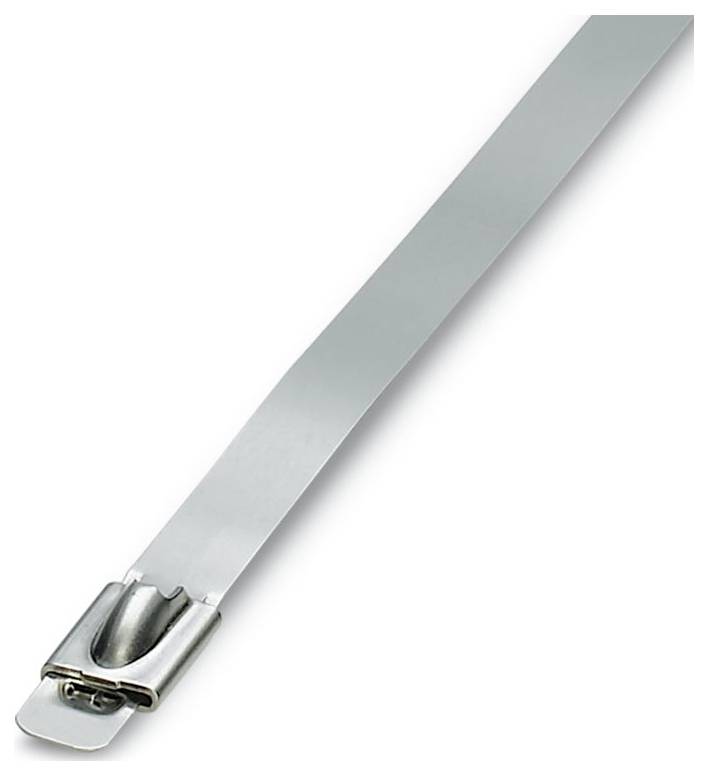 Eine silberne Edelstahlklemme mit Spannschnalle, verwendet zum Sichern von Schläuchen oder Kabeln, dargestellt vor einem einfachen weißen Hintergrund.