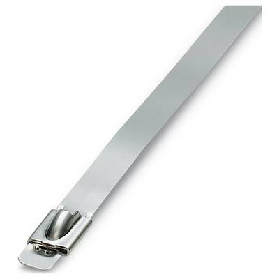 Eine silberne Edelstahlklemme mit Spannschnalle, verwendet zum Sichern von Schläuchen oder Kabeln, dargestellt vor einem einfachen weißen Hintergrund.