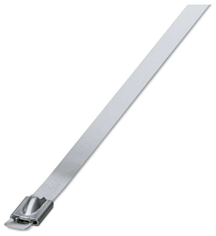 Eine silberfarbene Metallkabelverbindung mit einem Verschlussmechanismus an einem Ende, die zum sicheren Befestigen oder Organisieren von Kabeln und Drähten verwendet wird.