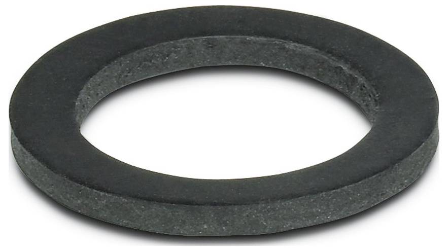 Eine schwarze Gummidichtung, kreisförmig und flach, die zum Abdichten von Verbindungen in Sanitär- oder mechanischen Anwendungen verwendet wird.