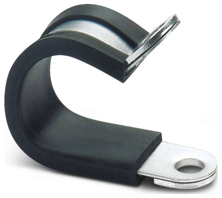 Eine schwarze Metallklemme mit Gummiauskleidung und Gewindeloch wird verwendet, um Kabel oder Schläuche an Oberflächen zu befestigen.