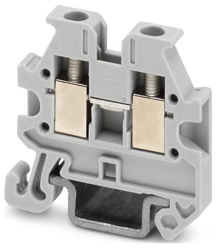 Ein grauer Klemmenblock mit metallischen Anschlüssen für elektrische Verbindungen, der seine Struktur und Anschlussplatzierung zeigt.