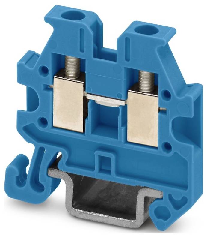 Ein blauer Kunststoff- und Metallstromverteilblock mit zwei sichtbaren Metallschrauben und Anschlüssen, der zum Verbinden von Elektrokabeln verwendet wird.