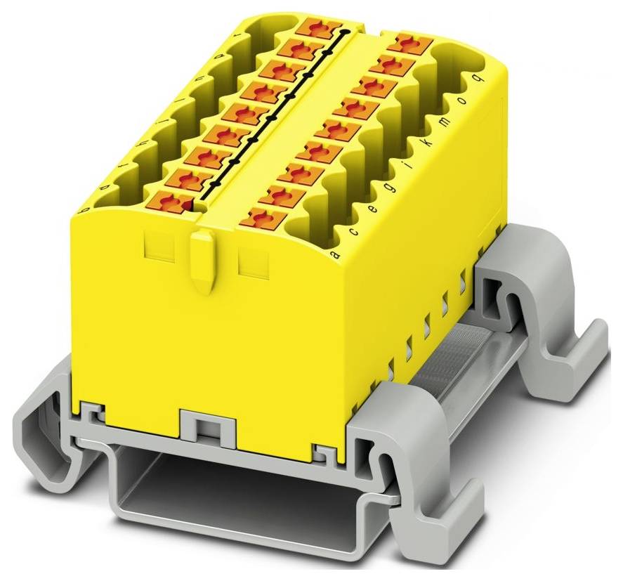 Ein gelbes und graues Elektroklemmenleistenblock mit mehreren Anschluss­punkten und Befestigungsklammern, die zum Sichern einer elektrischen Komponente ausgelegt sind.