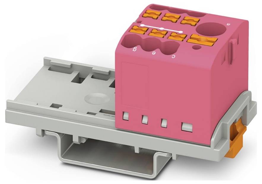 Ein rosa Steckverbinder-Block mit mehreren Anschlüssen ist auf einer grauen Basis montiert und wird zum Befestigen von elektrischen Leitungen verwendet.