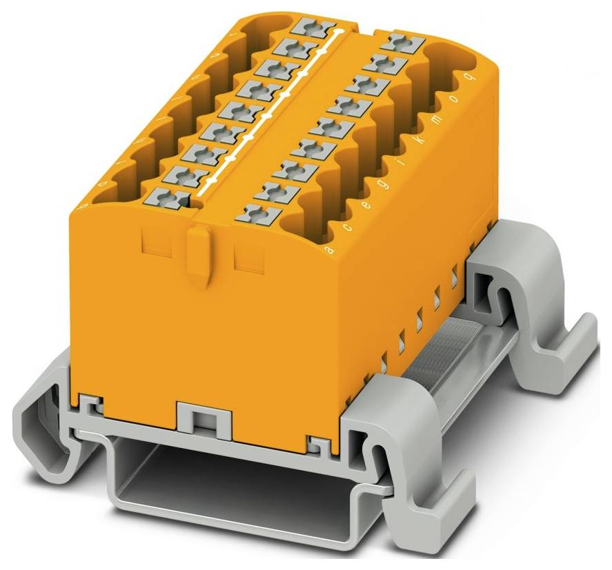 Ein orange-graues elektrisches Steckverbindersystem mit mehreren Anschlüssen, dargestellt auf einer Montagebasis, das für organisierte Verdrahtungsverbindungen verwendet wird.