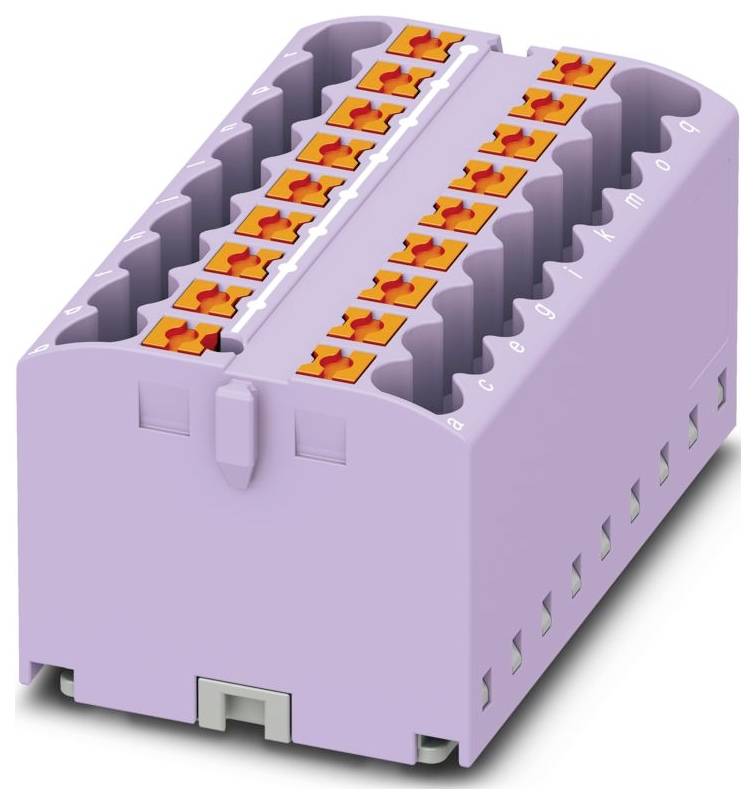 Ein violettes Elektroklemmenbrett mit mehreren orangefarbenen Steckverbindern auf der Oberseite, das zum Organisieren und Verteilen von Elektrokabeln verwendet wird.