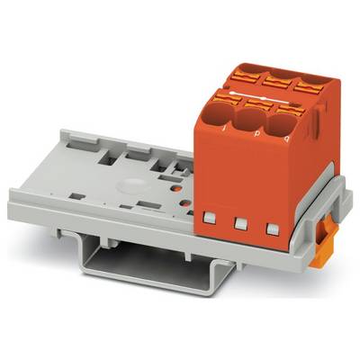 Ein orange-grauer Elektroklemmenblock mit mehreren Anschllusspunkten auf einer Montagebasis, der zur Verdrahtung und Schaltungsverwaltung verwendet wird.