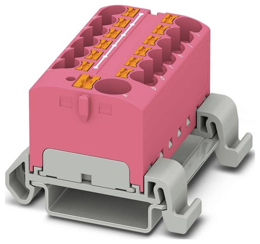 Ein rosa und grauer Elektro-Klemmblock mit mehreren Anschlüssen und integrierten orangefarbenen Hebeln zum Befestigen von Drähten.