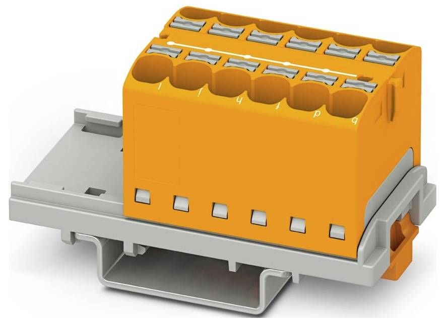 Ein braunes Klemmleistenblock mit mehreren orangefarbenen Anschlüssen, entwickelt für die Elektroverkabelung.