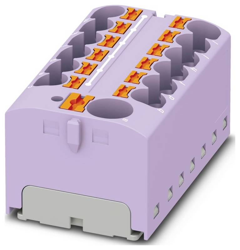 Ein schwarzes und orangefarbenes Elektro-Klemmblock mit mehreren Anschllusspunkten, montiert auf einer grauen Basis, konstruiert für Kabelverbindungen.