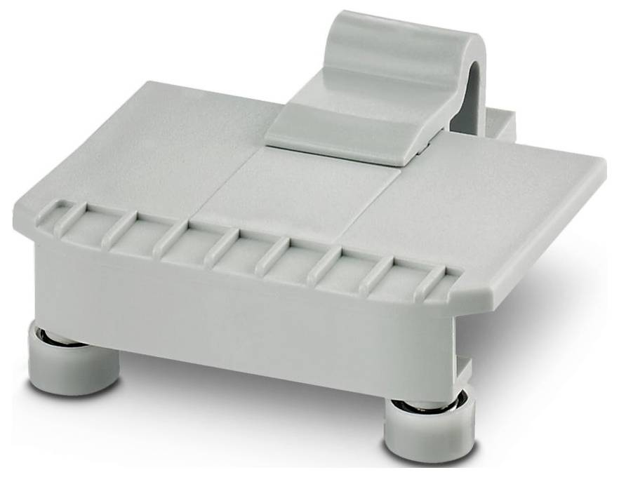 Ein kleines, graues Kunststoffgerät mit einer gekrümmten Oberklemme ruht auf einer flachen Basis, gestützt durch zwei kreisförmige Räder. Es vermittelt ein zweckdienliches Design.