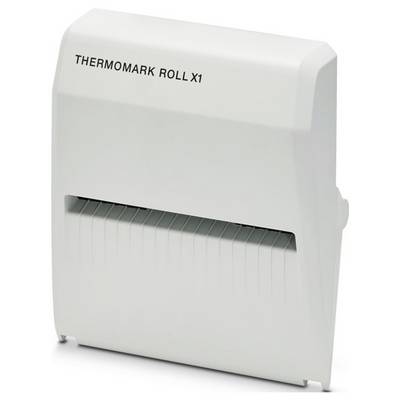 Thermomark Roll X1 Etikettendrucker in weißem Gehäuse, Frontansicht, zeigt sein kompaktes Design und den Ausgabeschlitz.
