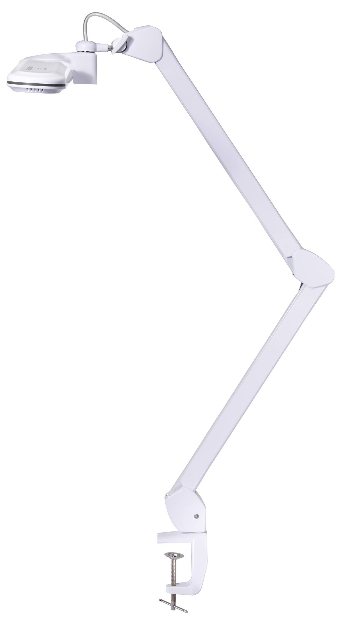 Verstellbare weiße Schreibtischlampe mit Klemmfuß, ausziehbarem Arm und rechteckigem LED-Kopf; entwickelt für flexible Beleuchtung im Arbeitsbereich.