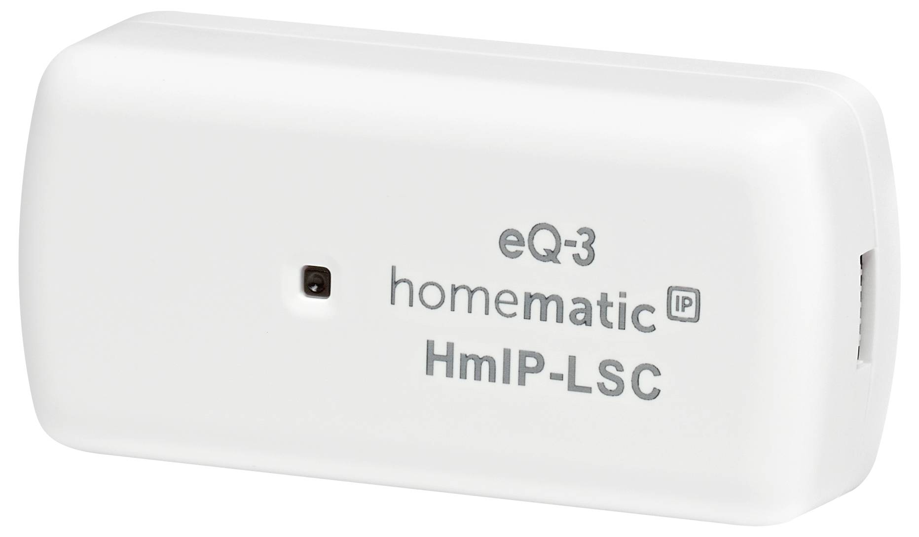 Weißer drahtloser Kontaktsensor, gekennzeichnet als „eQ-3 homematic IP HmIP-LSC", verwendet zur Überwachung und Automatisierung in Smart-Home-Systemen.