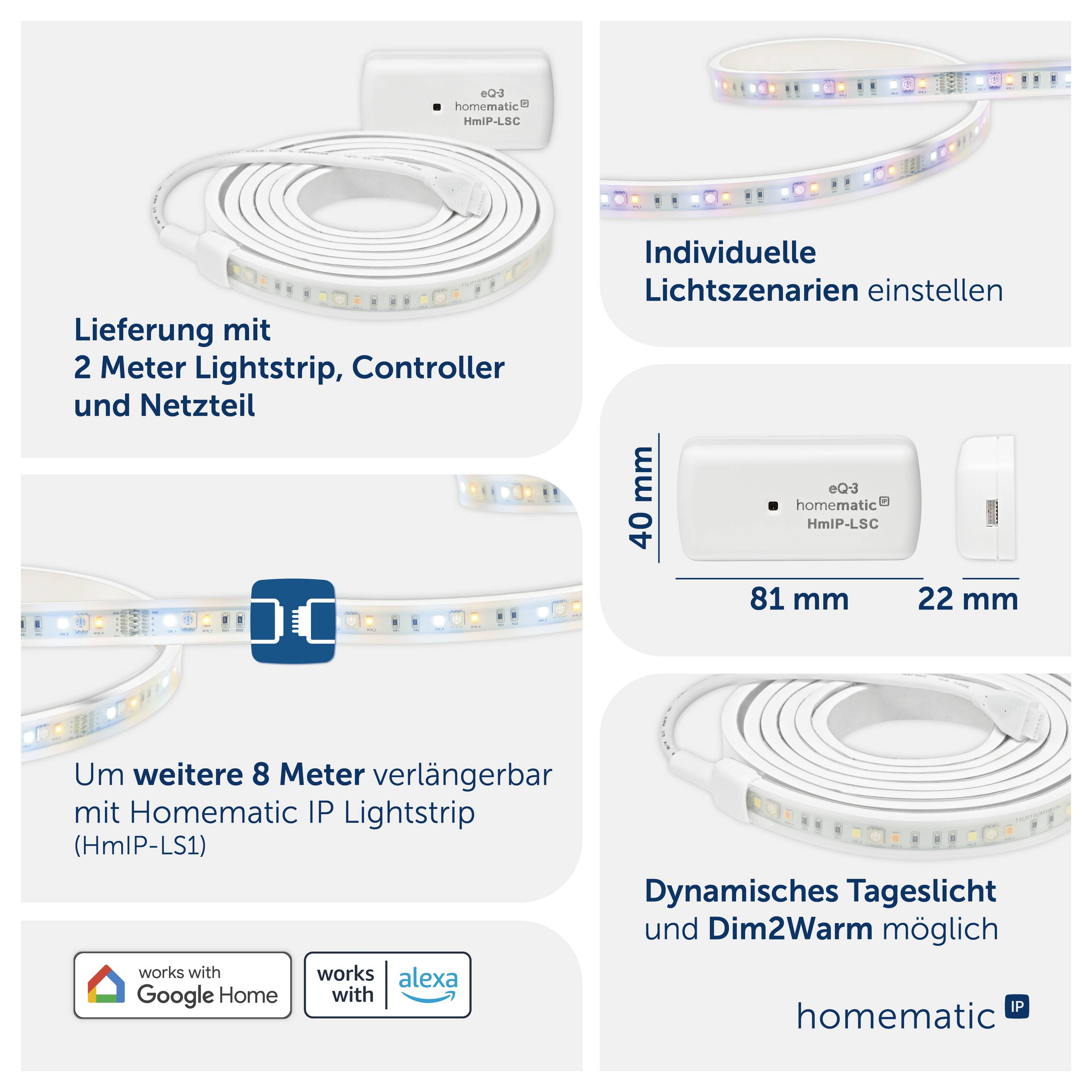 Werbung für smartes Alarmlicht: LED-Streifen und Rauchmelder im Haus, mit Text 'In Kombination mit der Alarmlösung auch als Panik- oder Alarmlicht verwendbar.'<br>