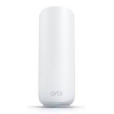Ein weißer, zylindrischer WLAN-Router mit dem Aufdruck 'orbi' an der Basis, entwickelt für modernes Heimnetzwerking.