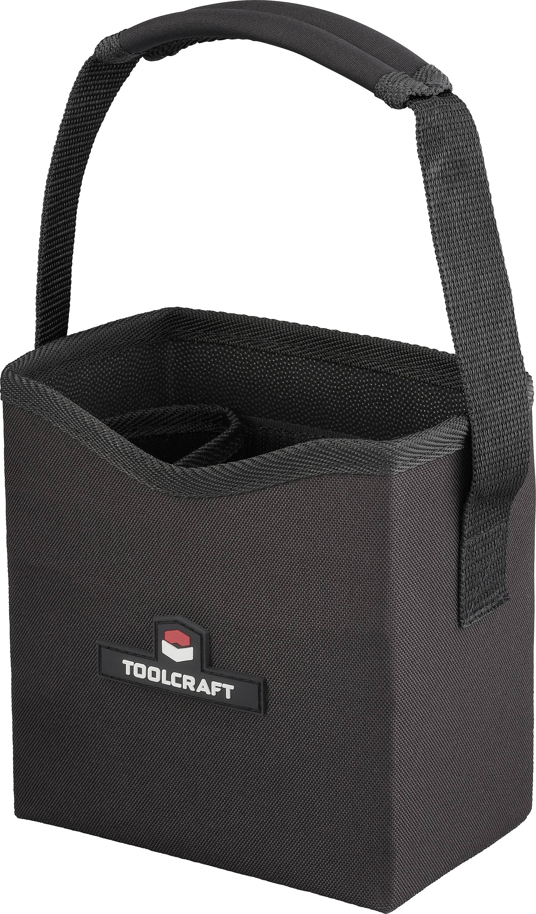 Eine schwarze Toolcraft Werkzeugtasche mit robustem Griff, ausgestattet mit inneren Fächern zur Organización kleiner Werkzeuge.