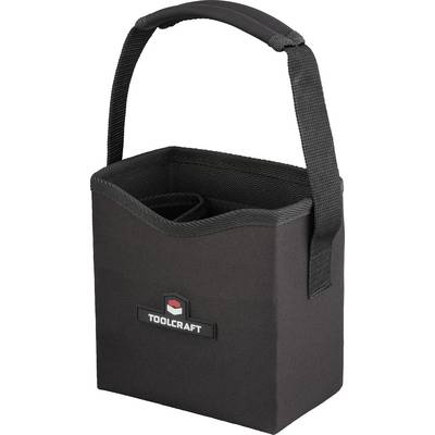 Eine schwarze Toolcraft Werkzeugtasche mit robustem Griff, ausgestattet mit inneren Fächern zur Organización kleiner Werkzeuge.