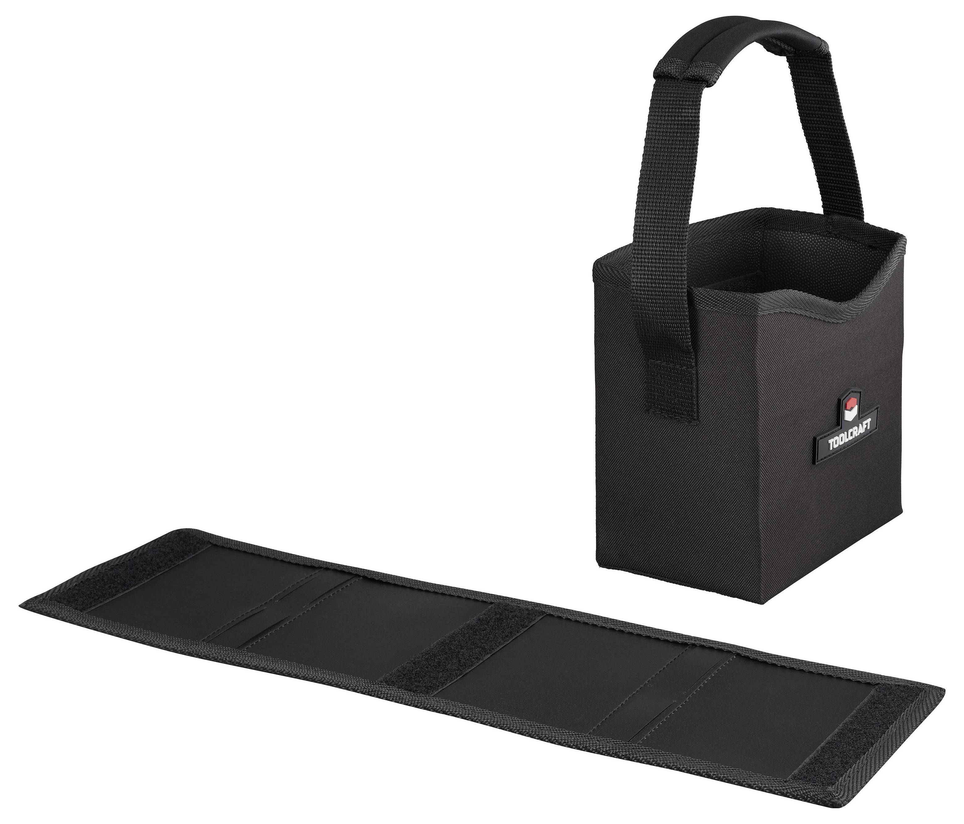 Schwarzer Werkzeugorganizer mit Griff und klappbarem Deckel mit mehreren Taschen, konzipiert für einfache Lagerung und Transport von Kleinwerkzeugen.